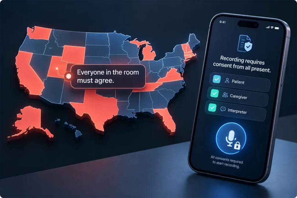 All party consent states map and AI scribe consent capture screen